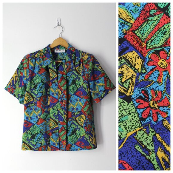 Truffles vintage 80' button down blouse top abstract retro print petite S M - Picture 1 of 7